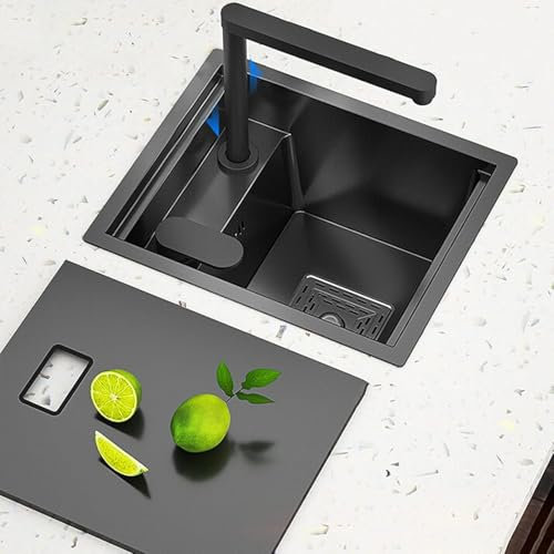 Fregadero de Barra Fregadero de Cocina con Tapa Fregadero de preparación de Barra Grifo Elevador Fregadero Oculto Isla Central Fregadero Individual pequeño Invisible,Negro,42 * 43 * 22cm