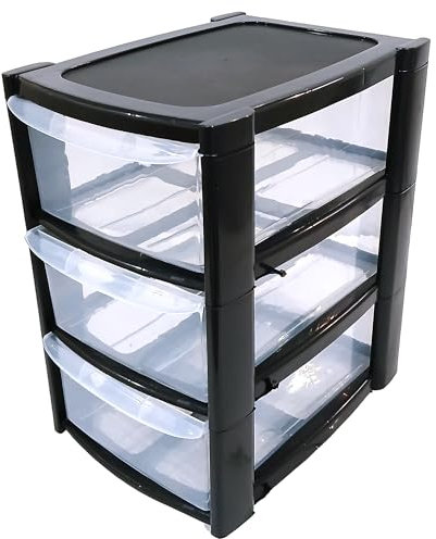 KAPCO 3 Tier Mini Tower Plastic Storage Drawers | Compact Desktop Organizer with Transparent Drawers for Office, Home, Kitchen, Makeup, Crafts | Stackable & Portable Mini Tower Cabinet 26 x 19 x 30 cm