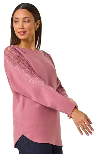 Roman Originals Hotfix Embellished Sleeve Knit Jumper for Women UK - Ladies Everyday Autumn Winter Shaped Neckline Comfy Soft Evening Vacation Work Party Night Out - Rose - Size 16