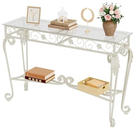 HavenlyYouth Konsolentisch 120cm mit Sicherheitsglas & Metallgestell, Höhenverstellbarer Sofatisch für Wohnzimmer, Diele & Flur (Weiß)