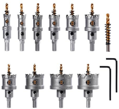ONEVAN Set di 10 seghe a tazza in metallo, 16 – 53 mm, per acciaio inox, ferro, lega, legno, con 2 chiavi esagonali e 1 punta di centraggio