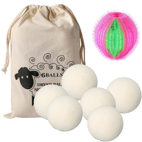 6 Pièces Balles de Séchage pour Sèche-Linge, 100% Pure Laine de Balles de Séchage en Laine Naturelle, Réutilisables, 4 cm, Réutilisables Anti-Rides Séchoir Boules Réduit Temps de Séchage