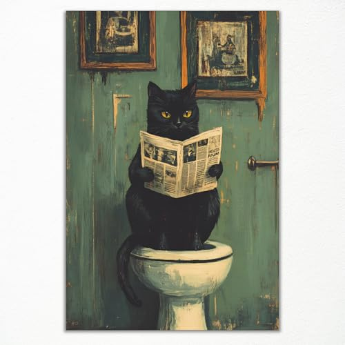 Schwarze Katze, lustiger Leinwand-Kunst, Katze auf Toilette, Lese-Zeitung, ästhetisches Poster, niedlicher Tier, grüner botanischer Druck, Badezimmer-Wanddekoration, Gästezimmer, Toilette, 30,5 x 40,6