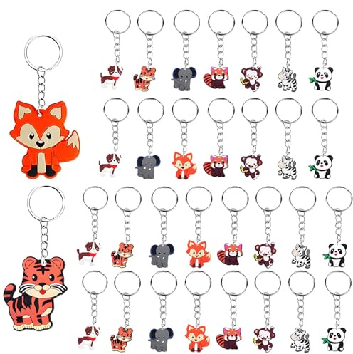 CUEMOON 32 Pezzi Portachiavi Animali Set, Mini Portachiavi,Porta Chiavi Regalini Fine Festa Bomboniera Regalino Divertenti Cartoni Animati Riempitivi