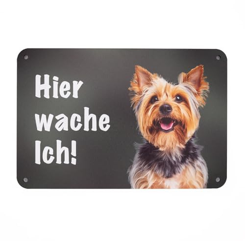 Yorkshire Terrier Hundeschild „Hier wache ich!“ – UV- und wetterfestes Warnschild für Gartenzaun, Tor und Grundstück – Yorkie-Zaunschild aus Aluverbund, 24 x 16 cm – Made in Germany