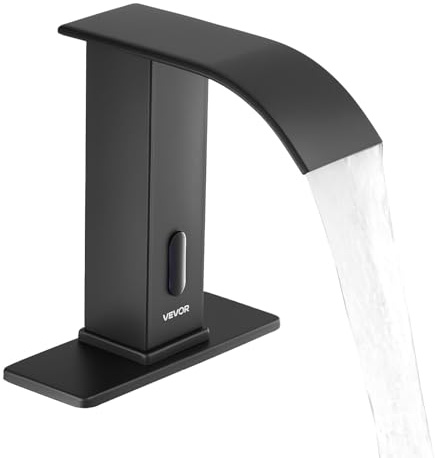VEVOR Grifo de Lavabo sin Contacto para Baño, Acero Inoxidable, Grifo Automático con Tapa, a Pilas, Agua Fría y Caliente, con Sensor Infrarrojo, Cascada, Negro Mate, 7,6 L/min, 160 x 68 x 178 mm