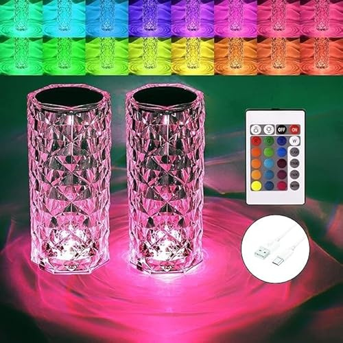 PIONEER GOODS Crystal Table Lamp 16 RGB Colour Changing Night Lights (2 Pack) Crystal Rose Diamond Touch Lamp for Bedroom Living Room Decor (Remote & Touch Control). (RGB*2Pack)