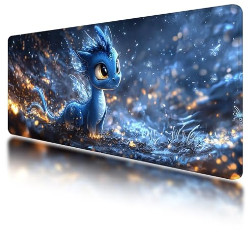 Gaming Mauspad XXL 900 x 400 mm, Mauspad Blau mit Vernähte Kanten, Mousepad Wasserdicht und rutschfeste, Schreibtischunterlage Drachen für Büro Zubehör, Verbessert Präzision und Geschwindigkeit, -199