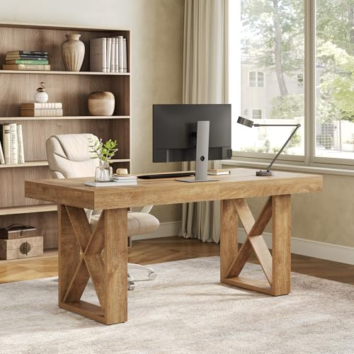 Tribesigns Bureau D'ordinateur, 160 × 80 × 75 cm, Design Épais et Simple, Bureau Gaming, Table d’étude pour la Maison - Étude, Jeu, Rédaction, Brun Jaunâtre