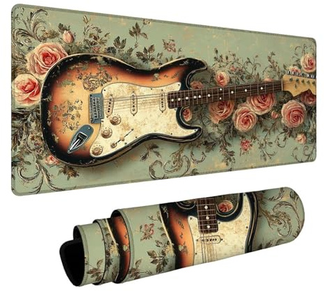 Tapis de Souris Guitare Étanche Tapis de Souris Gaming avec Antidérapant Base en Caoutchouc Bords Cousus, Mouse Pad Fleur pour PC Portable Clavier Deco Bureau Cadeau Homme 300 x 700 x 3 mm FSBD-0798