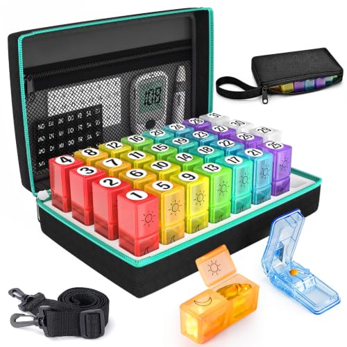 Yaklim Tablettenbox Monat 31 Tage, 2 Fächer für Morgens Abends(Regenbogen) | inkl. 7-Tage-Reiseetui, Zwei Etiketten, BPA-frei, große Fächer, für Tabletten, Vitamine und Fischöl, zu Hause und unterwegs