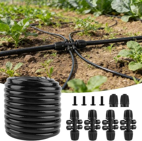 Rolcoassuns Kit de Tubo de Goteo 15m 1/2, Manguera de Riego para Sistema de Riego de Jardín, Tubo Distribuidor PVC Negro (Incluye Conector de 6 Vías, Tapones de Extremo 1/2 y 1/4)