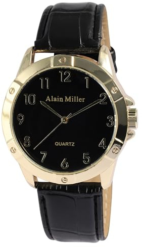 Alain Miller Herren Armbanduhr aus Kunstleder in Schwarz, in Einer Länge von 24 cm, Klassisches Design für jeden Mann