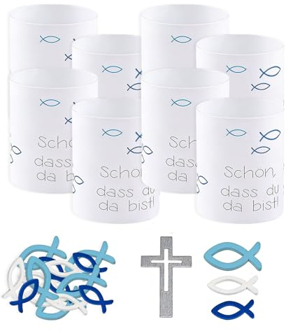 8 Stück Windlicht Kommunion,Windlicht Fisch Deko,10 Stücke Kreuz,Tischdeko Kommunion Taufe Konfirmation Dekoration,Geeignet Für Teelichter Oder Kerzen