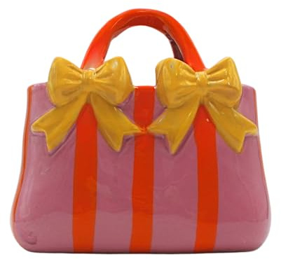 Blumenvase, Dekovase, Pflanzenvase, Tischvase, Keramikvase, Blumenvase als Handtasche, Handtaschenvase aus Keramik, in pink und rosa mit gelben Schleifen, Größe: L/B/H 18 x 8 x 17 cm.
