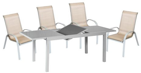 MERXX 5tlg. Amalfi Set, 4 Amalfi Stapelsessel, 1 Ausziehtisch, 160 (220) x 90 cm, Champagner