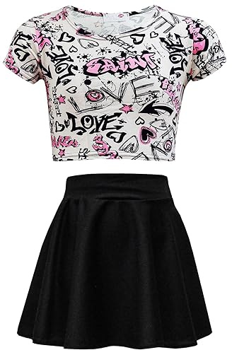 A2Z Girls Love Graffiti Crop Top & Skater Skirt Set 7-13Y | Stylish Scribble Print Outfit Set for Girls Age 7-13