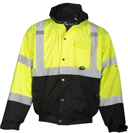 Kishigo Men's High Visibility Reflective Ripstop Bomber Jacket JS130, Zipper Closure, ANSI 107 Type R/Class 3, Construction, Roadwork, Traffic, Warehouse, Utility, Security, Outdoor (Lime, M)