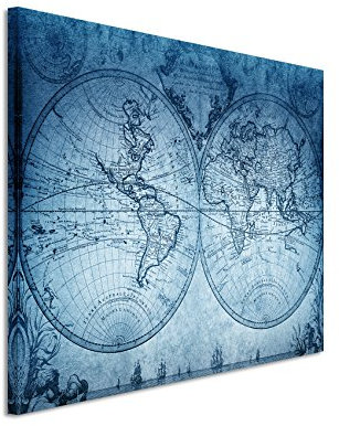 Sinus Art 120x80cm Wandbild – Farbe Blau Petrol - Leinwandbild auf Keilrahmen in Bester Qualität - Vintage Weltkarte 1733