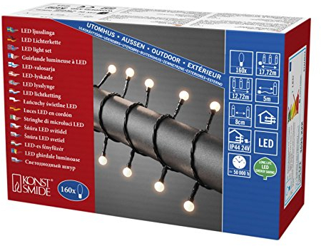 Konstsmide 3695-107 LED Globelichterkette mit kleinen runden Dioden / für Außen (IP44) / VDE geprüft / 24V Außentrafo / 160 warm weiße Dioden / schwarzes Kabel, Warmweiß