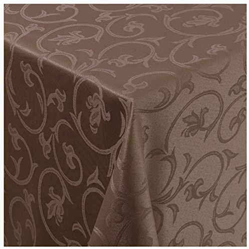 Tischdecke Damast Stoff Barock Tulpen Tischtuch Bügelarm rund 170 cm in Braun mit umgenähtem Rand Premium Qualität