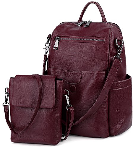 UTO Donna Zaino Scuola Nero + Piccola Borsa a Tracolla per Utilizzato Insieme o Separatamente fare la spesa o da viaggio Pelle Lavato Sintetica Rosso