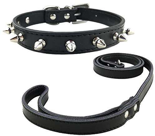 Newtensina Mode Hunde Halsband und Leine mit Nieten Weiches Leder Punk-Hundehalsband mit Leine für kleine Hunde
