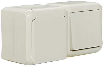 LEGRAND, Feuchtraum Aufputz Steckdosen-Schalter Kombination (waagerecht) IP44, Steckdose mit Schutzkontakt & Deckel,zur Montage auf der Wand, 782371