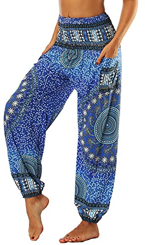 Nuofengkudu Frau Hippie Harems Hose Pumphose Haremshose Aladdinhosen Boho Gemustert Gesmockte Taille mit Taschen Yogahose Freizeithose Sommerhose Strandhose Blau Blume