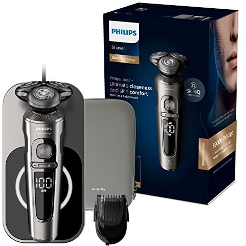Philips SP9860/16 Elektrischer Nass- und Trockenrasierer Series 9000 Prestige mit Nano-Tech Präzisionsklingen, Bartstyler, Qi-Ladepad für kabelloses Laden
