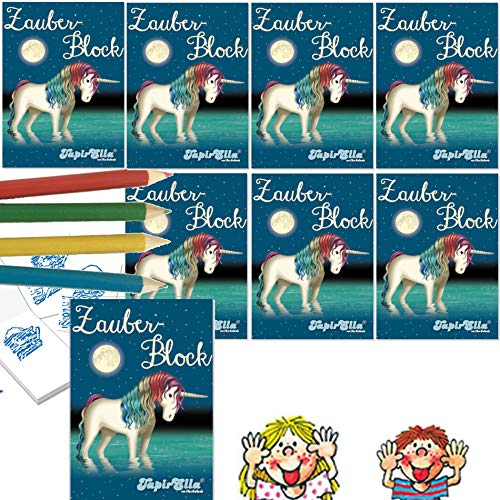 Neu: 8 x Zauberblöckchen * MAGISCHES Einhorn - LUNABELLE * in DIN A8 Plus Buntstifte im Set | Zauberblock Mitgebsel für Kindergeburtstag | Mädchen lieben Diese Regenbogen Magic Unicorn
