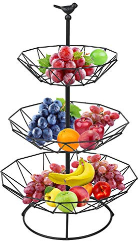 Hossejoy Fruit Basket, 3-Tier Serving Basket, Fruit Bowl & Snack Stand Made of Metal, Perfect for Fruit, Vegetables, Snacks, Household Items and Much More, Black