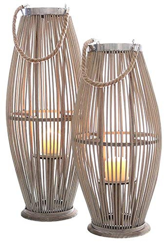 Annastore Laterne aus Bambus mit Henkel und Glaszylinder H 40 bis 74 cm - Bambuslaterne Windlicht aus Bambus Gartenlaterne Größe H 74 cm