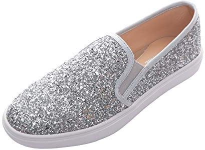 Feversole Women's Fashion Slip-On Trainer Casual Flat Loafers,Skater Pumps Trainers Sneakers Shoes Pure Silver Glitter Size 7
