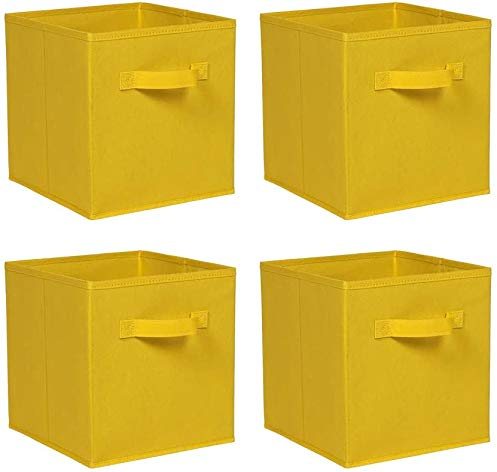 Sanery Foldable Storage Boxes Set of 4 Large Cubes with Handle Collapsible Organizer Fabric Baskets for Toys, Clothes, Books, Food and Bedding (Yellow, set of 4)