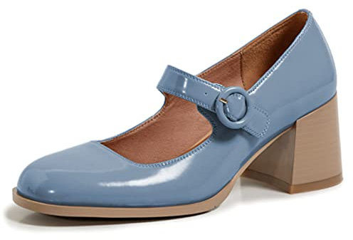 Lutalica Scarpe da donna, chiuse, con punta rotonda, di vernice, vintage, retrò, cinturino con fibbia, tacco grosso, ballerine Mary Jane, Blu, 37 EU
