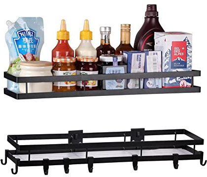 YunNasi Gewürzregal Ohne Bohren Küchenregal Schwarz Metall 2 Etagen mit 8 Abnehmbaren Haken Wandregal Regal zum Kleben Morden Design für Küche Badezimmer Balkon (Schwarz, 50cm)