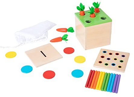 Montessori Kleinkind Spielset Montessori Box Spielzeug für 1 Jahr alt 2 Jahre Baby Lernspielzeug Geschenk Karotte Ernte Spiel, Streichholz Farbe Drop Spiel und Münze Box (3-for-1)