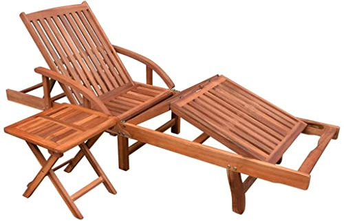 Hommdiy Gartenliege mit kleinem Holztisch Holz Liege Sonnenliege mit Rädern mit Ausziehtisch und Armlehnen