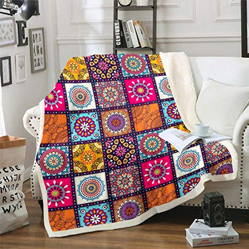 Loussiesd Frauen Boho Mandala Kuscheldecke Mädchen Bohemian Stil Decke 150x200cm für Kinder Erwachsene Buntes Gitter Plaid Dekor Wohndecke Hippie Mandala