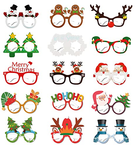 Jodsen 15 Stück Weihnachten Papier Brillen Photo Booth Requisiten Neuheit Weihnachten Brillenrahmen Maskerade Masken Fiesta Brille Partyspiel Brillen Kleid Kostüm Dekoration Partyzubehör für Kinder