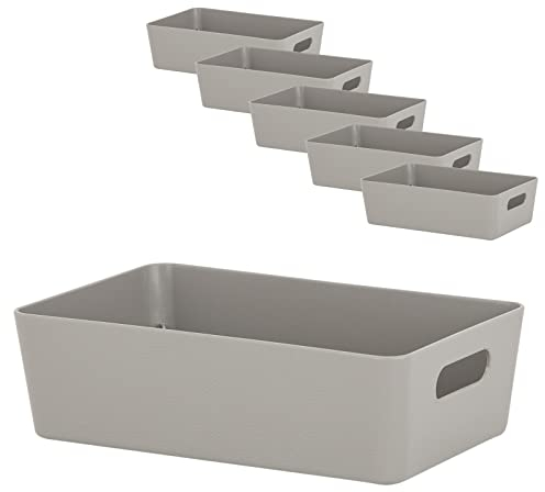 6 x Ordnungsbox - 6 cm hoch - Taupe - 20 x 12,5 cm - Ordnungskorb - mit Lederoptik - Regalorganizer Schubladeneinsatz Wandregal Organizer Schublade Küche Ordnungssystem