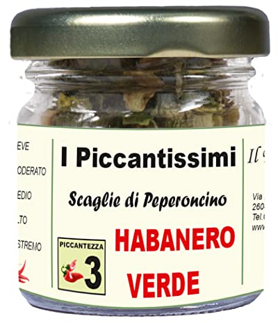 I Piccantissimi - Pimiento HABANERO VERDE muy picante en tarro (15 gr) - Chile en hojuelas de larga conservación - Chile cultivado en Italia (300.000 SHU)