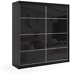 ALTDECOR Kleiderschrank mit Lacobel-Schiebetüren, kugelgelagerte Führungsschienen und Aluminium- Leisten, LED-Beleuchtung (weiß + 16 Farben) und Fernbedienung - VIVI - 200 cm Schwarz