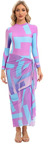 Odizli Burkini Musulman Tie Dye Imprimé Body à manches longues + maillot de bain + jupe portefeuille Sarong Maillot de bain mode, rose et bleu - 4 pièces, S