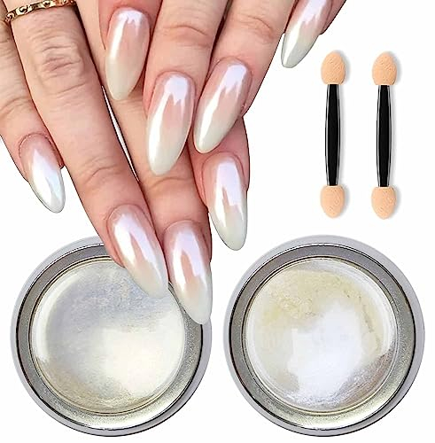 GZMAYUEN 2Pcs Glassy Pearl Effect Chrome Nail Powder- Glazed Donut Nagel Pulver, Weiße Perle Chrome Pulver Nägel Pigment für Nägel Glitzerpuder Nagelkunst Pulver für DIY Salon