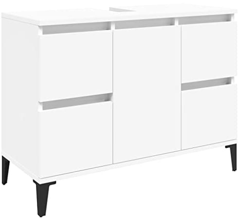 vidaXL Waschbeckenunterschrank, Badschrank mit 4 Schubladen 1 Fach, Waschtisch Unterschrank mit Metallfüßen Tür, Schrank Badunterschrank Badmöbel, Weiß Holzwerkstoff