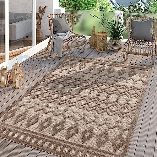 TT Home In-& Outdoor Teppich Wetterfest Balkon Küche Wohnzimmer Boho Skandi Design, Farbe:Dunkelcreme Beige, Größe:160 cm Rund