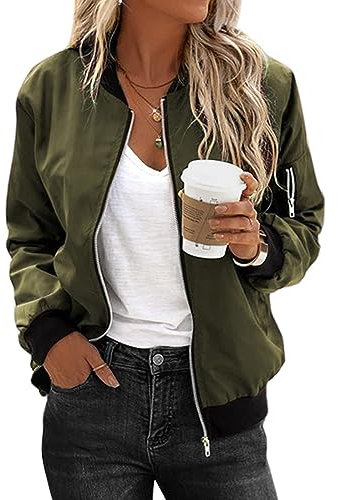 Zeagoo Bomberjacke Damen Übergangsjacke Leicht Jacke Atmungsaktiv Bomberjacke Motorradjacke Langarm Fliegerjacke mit 2 Taschen Reißverschluss Blouson Grün für Fruhling Sommer Herbst M