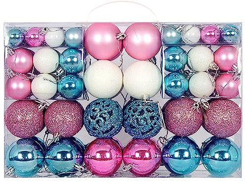 BSTMOME 2024 New 100 Pack Christmas Balls Ornaments, 3 Colors Shatterproof Christmas Tree Baubles for Festival Celebration Xmas Tree Wedding Party Decoration 3 Sizes (Blue+White+Pink)